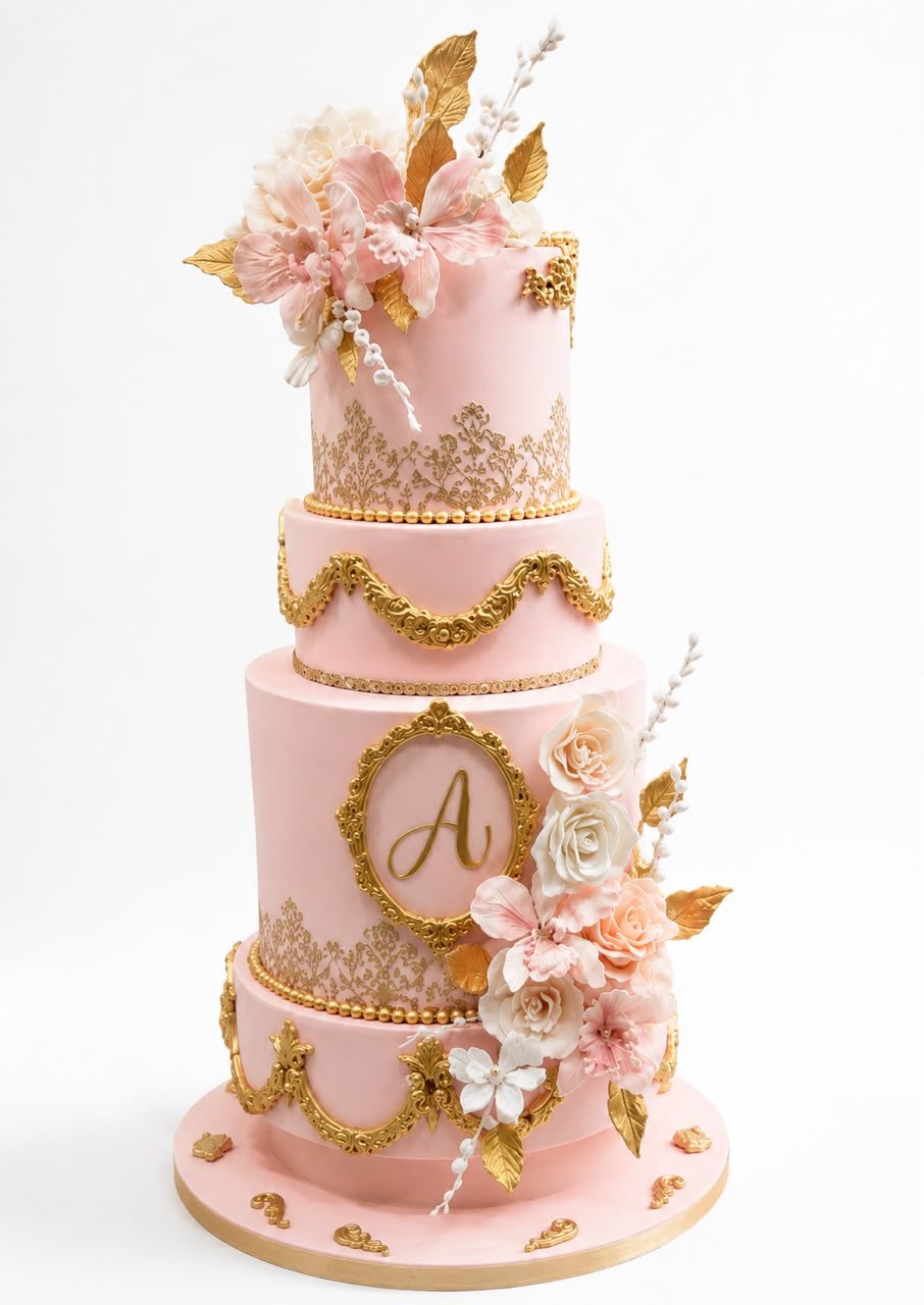 Pink and gold tiered wedding cake