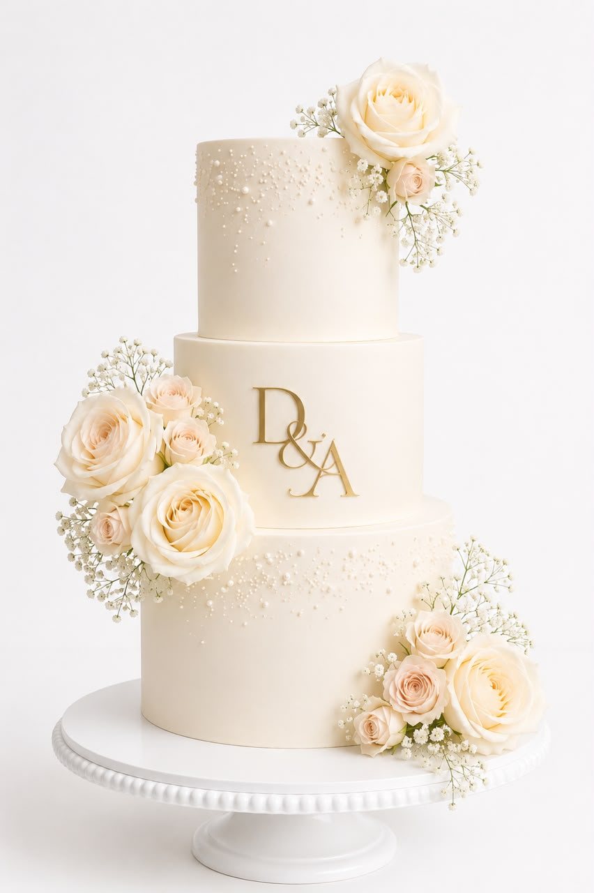 Elegant white wedding cake with roses